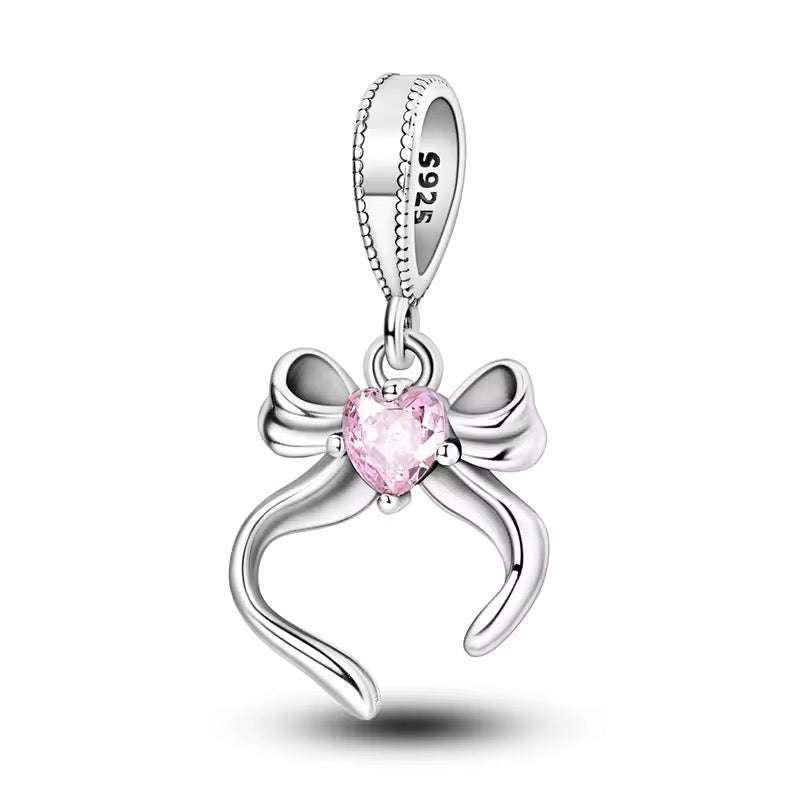 Pink Bow Bracelet Charm Silver