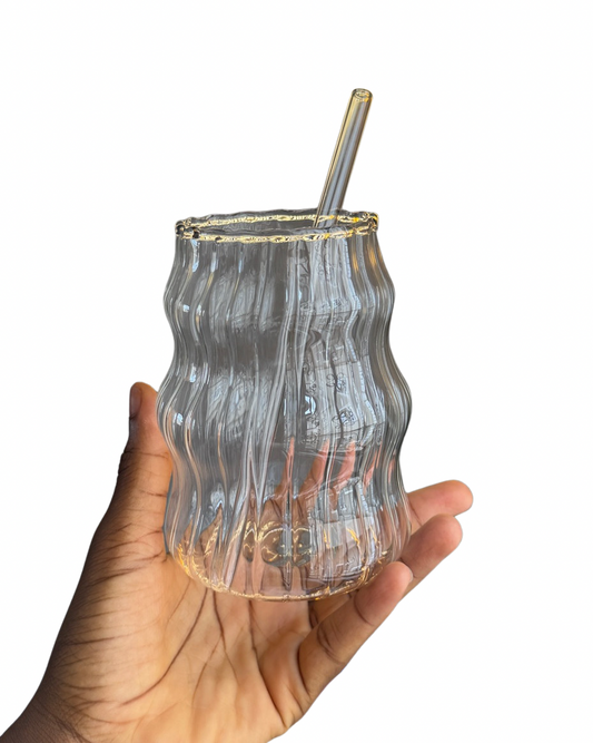 Wavy Stripe Glass Cup With Straw