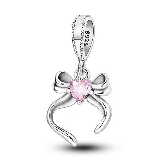 Pink Bow Bracelet Charm Silver